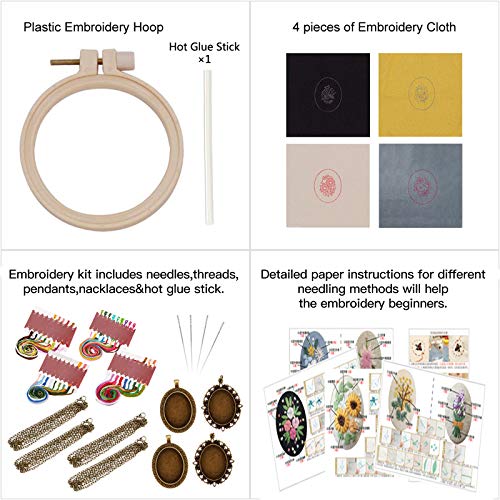Image of ZOCONE 4 Packs Embroidery Necklace Kits, Embroidery Pendant Kit Mini Cross Stitch Kit with Hoop, Necklace, Pendant, Stamped Pattern Cloth, Instructions, etc., Embroidery Kits for Adults
