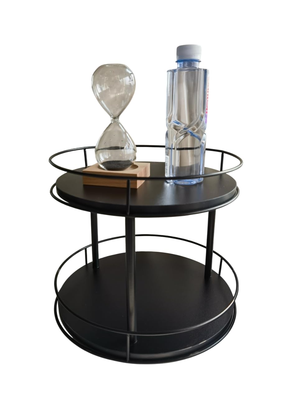 Rotating Lazy Susan Organizer Modern Metal and Wood Base Design for Kitchen, Dining, Bathroom (2 Tier Black 12 inch)