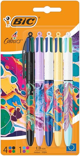 BIC 4 Colours Pens All In One Multi Coloured Pens All In One Retractable Ballpoint Pens Medium 1.0mm Green Blue Red Black 5 Pens Per Pack 1 Pack