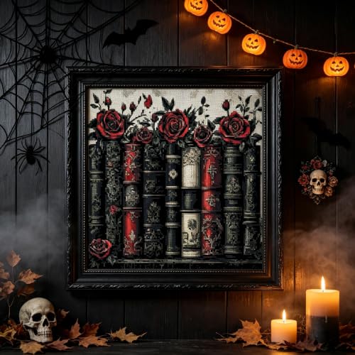 Image of Halloween Needlepoin Stamped Cross Stitch Embroidery Kits Arts and Crafts | Book Flowers Counted Cross Stitch Kits for Beginner Adult Crossstitching Printed Dimensions Patterns Stitch Embroidery Kits