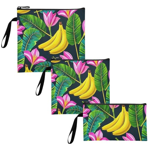 Fruit Banana Floral Fashion Black Pack of 3 Reusable Snack Bags and Sandwich Bags Portable Food-Safe Storage Zipper Bag for Kids Students Adults Food