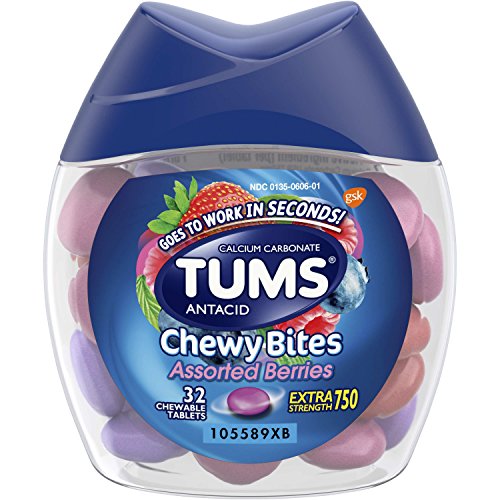 TUMS Chewy Bites Assorted Berries Antacid Hard Shell Chews for Heartburn Relief, 32