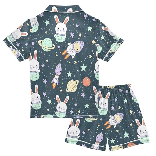 ALAZA Space Rabbit Spaceship Pajamas Satin Pajama Set Short Sleeve Button Down Sleepwear2