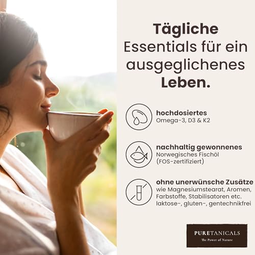 PURETANICALS Omega 3 + Vitamin D3 + K2 MK7 All-Trans | 240 Kapseln hochdosiert Premium Essentials O3-D3-K2 - Fischöl mit essentiellen EPA & DHA Fettsäuren | Fisch Öl Omega3 Fish Oil Tropfen Drops