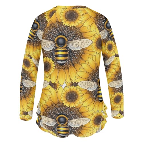 Bee Sunflower Pattern Girls Rash Guard Swimsuits Long Sleeve One Pieces Bathing Suit UPF 50+ Zipper Swimwear3