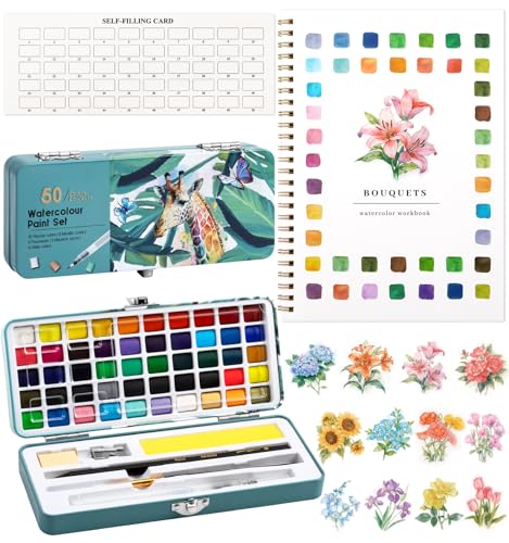 Watercolor Workbook, Water Coloring Book, 12 Different Patterns of Original DIY Designs, 50 Colors Watercolor Paint Set with Palette and Brush, Beginner-Friendly Watercolor Workbooks (Bouquets)
