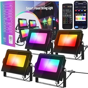 LED Flood Light Outdoor, 36W RGBCW Landscape Lighting Wired with APP & Remote Control, IP66 Color Changing Uplight Patio Lights Holiday Lights with Timer for Yard Garden Patio (4 Pack)