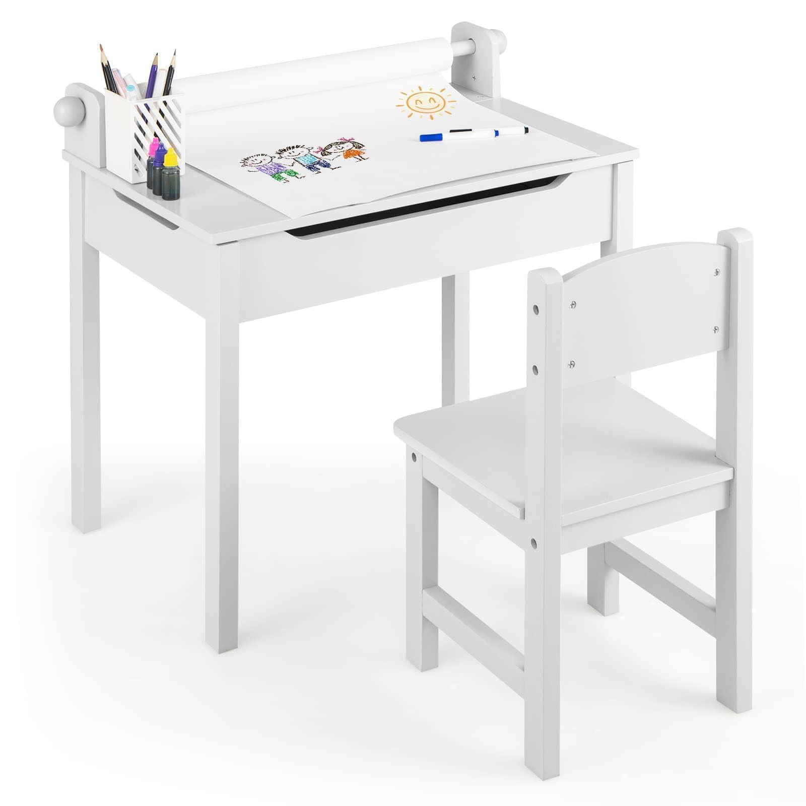 RELAX4LIFE Mesa y Silla de Arte para Niños 3+ Años con Tablero Plegable, Escritorio y Silla de Madera para Niños 60 x 40 x 58 cm con Rollo de Papel y Rotulador (Blanco)