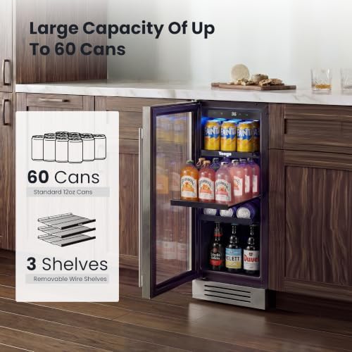 Image of Yeego 12-Inch Beverage Refrigerator - 60 Can Mini Drink Fridge with Left-Hinged Glass Door, Built-In or Freestanding Beverage Cooler for Beer, Soda & Wine, Home Bar, Office, Bedroom