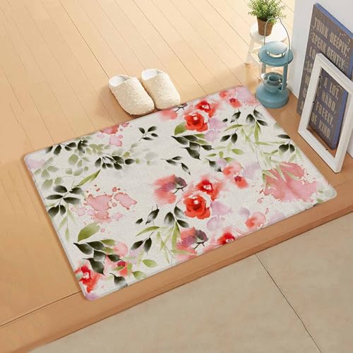 Farmhouse Flower Kitchen Bath Door Mat Cushioned Runner Rug,Washable Welcome Floor Sink Antifatigue Mat,Waterproof & Non-Slip Comfort Standing Doormat,Traditional Ink Painting Red Sage Leaf 18