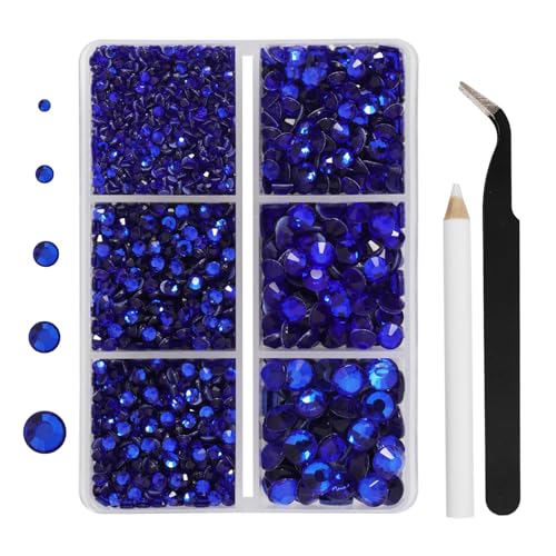 Hotfix Rhinestones 3960pcs Dark Blue Rhinestone for Clothes Hot Fix Crystals Rhinestones with Tweezers and Wax Pencil Kit Mixed 5 Sizes SS6-SS30 Sapphire