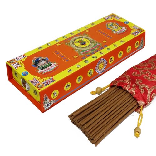 Bâtonnets d'encens tibétains traditionnels - 70 pièces - Longueur : 18,5 cm - Durée de combustion : 1 heure - Avec boîte décorative et pochette de...