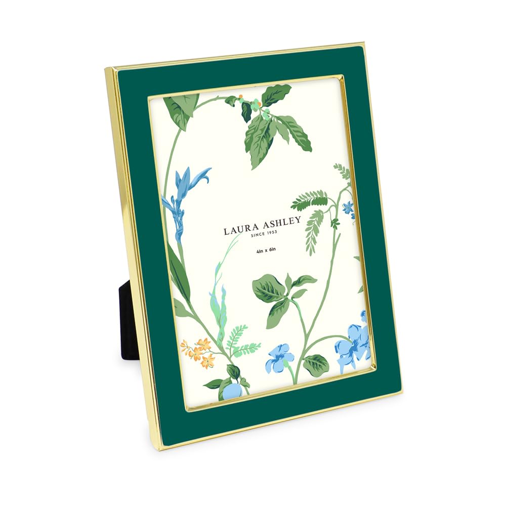 Laura Ashley 4x6 Hunter Green Enamel Picture Frame, Gold Metal Edge with Easel, for Countertop, Tabletop Display, Bookshelf, Desk, Wall Décor, Photo Gallery (4x6, Hunter Green W/Gold)