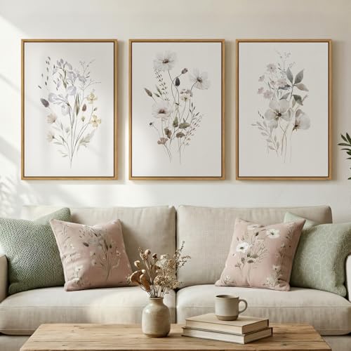 Framed Minimalist Botanical Floral Wall Art, 3 Piece Neutral Rustic
