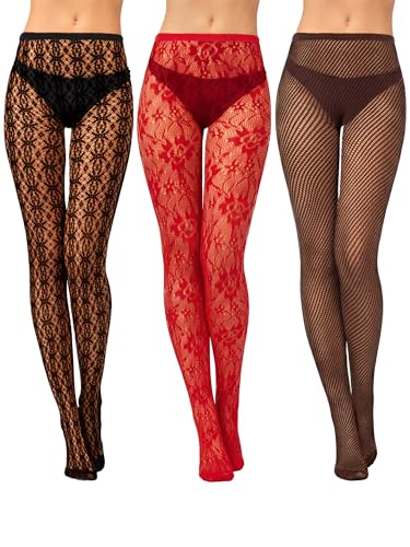 Image of Bencailor 3 Pairs Halloween Women Fishnet Stocking Tight Legging Black Stockings Small Hole Pattern High Pantyhose Waist Lace