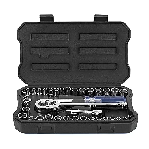 WORKPRO 39-Piece Drive Socket Wrench Set, 1/4-Inch & 3/8-Inch Small Sockets Set, 3/8" Ratchets, Extensions, Spinner Handle & Adapter, Mechanics Tool Set with Tool Box, for Repairing, Metric and SAE