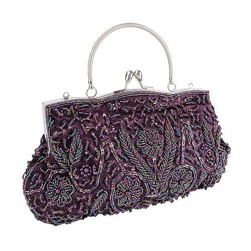 Sac de soirée broderie perlée de luxe : pochette fantaisie faite main perles mauves