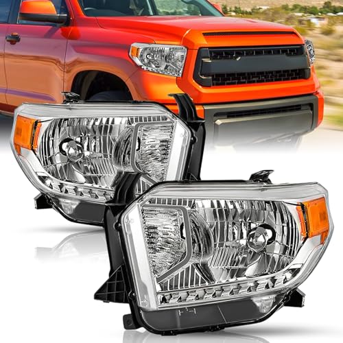 JSBOYAT Headlight Assembly Replacement for 2014 2015 2016 2017 2018 2019 2020 2021 Toyota Tundra Limited/Ltd/SR5/SR/TRD Halogen Headlamps with Level Adjuster Chrome Housing Amber Reflector Pair