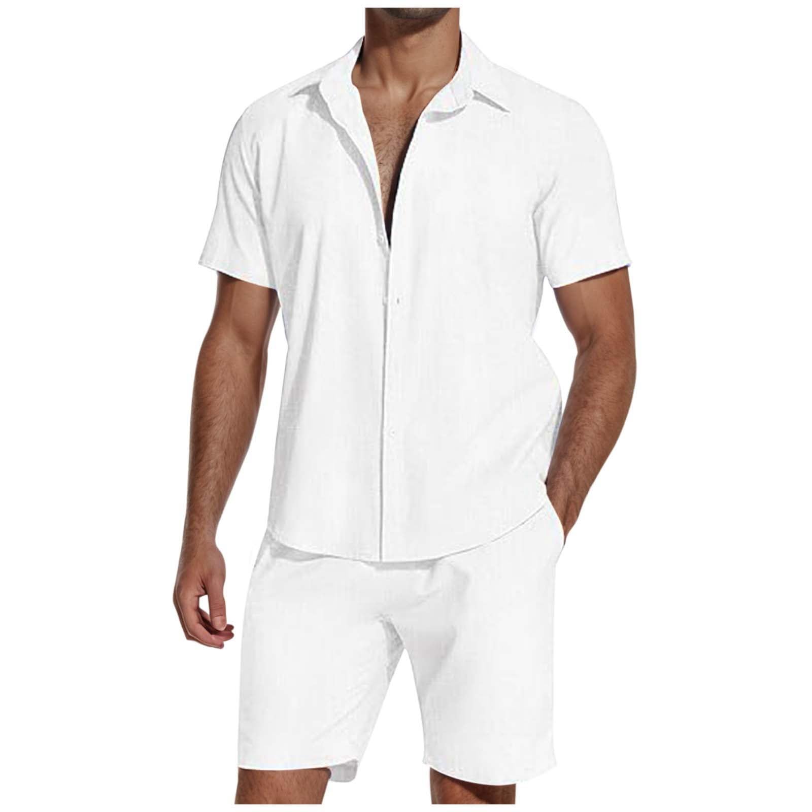 Generic Traje casual de 2 piezas para hombre, camisa de manga corta con botones y pantalones cortos, conjunto de verano de ajuste regular, camisas hawaianas ligeras de playa, color sólido, transpirable,