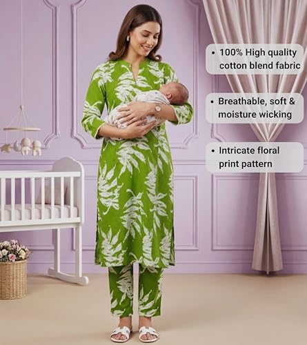 Image of DUMMY SHAPE Feeding Kurtis for Women Cotton Blend | Floral Kurta Pant Dupatta Set with Nursing Zippers to Pre & Post Partum | Maternity Dresses | Mom to Be Gifts for Pregnant Woman