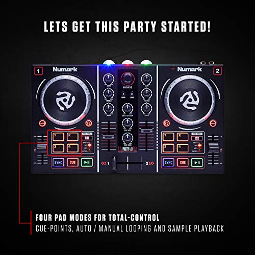 Numark Party Mix | Complete DJ Controller Set for Serato DJ with 2 Decks, Party Lights, Headphone Output, Performance Pads and Crossfader / Mixer