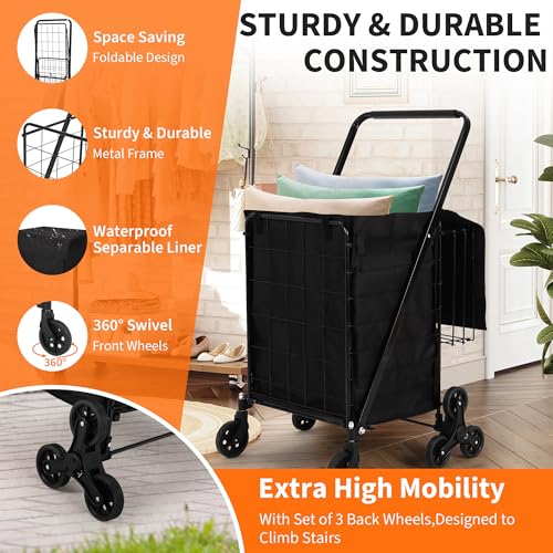 Grocery Shopping Cart, Stair Climbing Shopping with Waterproof Basket Liner & 360° Rolling Swivel Wheels, Portable Collapsible Grocery for Laundry, Luggage Camping, Black