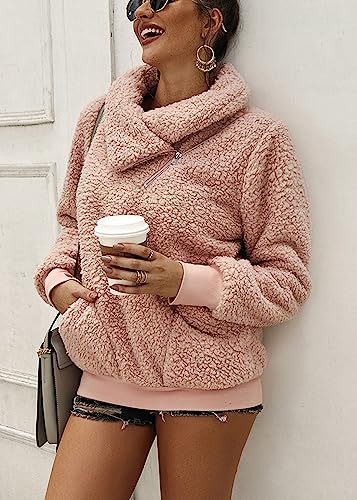KIRUNDO Sherpa Pullover Womens Fleece Zip Sweatshirt Fall(Pink, M) - image 3