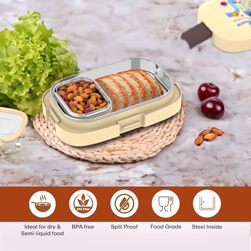 Image of Mumma's LIFE Stainless Steel Tiffin Box with 4 Side Lock Lid, 910 ml and Inner Stainless Steel Container, 135 ml, Food Grade | Air Tight | Easy to Carry | Leak Proof (Tuntun Lunch Box Yellow Peach)