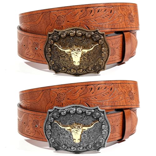 2Pcs Western Cowboy Belts for Women,Vintage Waist Strap belt Buckle Bull Deco Western Belt Fit 28"-41"2