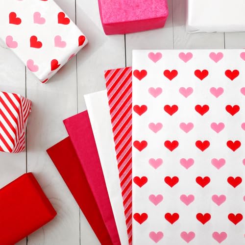 JarThenaAMCS 120 Sheets Valentine's Day Tissue Paper Red Pink White Heart Stripe Gift Wrapping Paper Decorative Art Paper for Bridal Shower Wedding Party DIY Crafts, 14 x 20 Inch