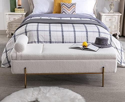 Guyou 54" Fuzzy End of Bed Storage Bench White Faux Fur Long Bench Modern Upholstered Ottoman Bench with Gold Legs for Bedroom Living Room Bathroom (White)