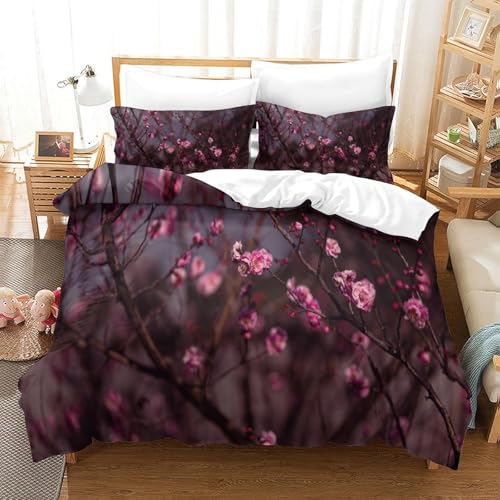 Prunus Mume Impresión 3D DigitalPlum Blossom Funda Nórdica para Dormitorio Funda De Edredón Juego De Cama Microfibra Y Funda De Almohada con Cremallera 3 Piezas Super King（260x220cm）