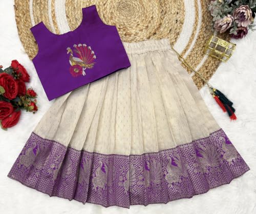 Image of Girls South Indian Pattu Pavadai | Traditional Jacquard Silk Lehenga Choli Set