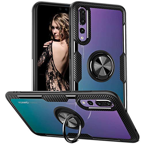 Huawei P20 Pro Case - 360 Rotating Ring Holder Stand Magnetic Transparent Clear Hard PC Soft TPU Protective Back Cover Slim for P20 Plus 2018 6.1 inch-Black