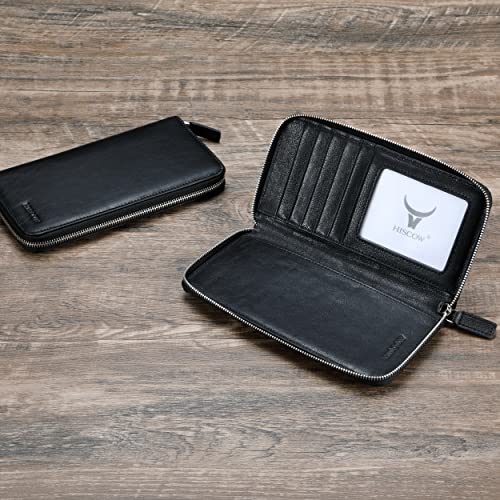 Image of HISCOW Leather Checkbook Cover, Zippered Wallet, Vegetable-Tanned Black | Full grain cowhide, 5cc & ID window, personal check book & register pockets, removable duplicate divider, women secure zipper