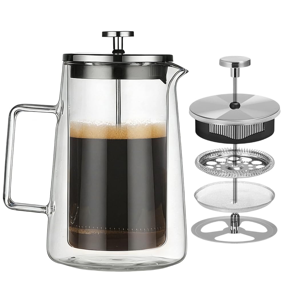 FARYODI Pressa da caffè French Press 1 litro, in vetro con filtro permanente in acciaio inox, design a doppia parete, lavabile in lavastoviglie, resistente al calore per caffè e tè