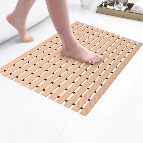 Image of Kuber Industries 60x40 cm Anti-Skid Mat for Bathroom with Rubber Base | Shower Mats for Bathroom Anti Slip | Foot Mat for Preventing Slips & Falls in Wet Areas | Stripe Design - Beige