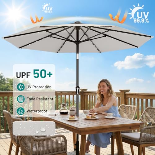 Image of AreShark 9FT Patio Umbrella with Solar Lights, 32 Lighted Pool Umbrella w /Tilt and Crank, Outdoor Market Solar Umbrellas for Garden, Deck, Backyard, Pool and Beach, Light Gray