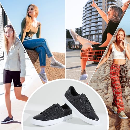 Image of AISFAES Glitter Sparkly Low Top Sequins Lace Up Tennis Shoes Comfort Bling Fashion Shiny Walking Shoes