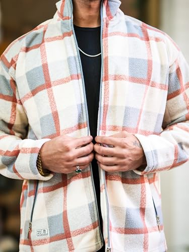 Image of Maniac Mens Checkered Full Zipper Fullsleeve Polyester Blend Fleece Shacket for Men