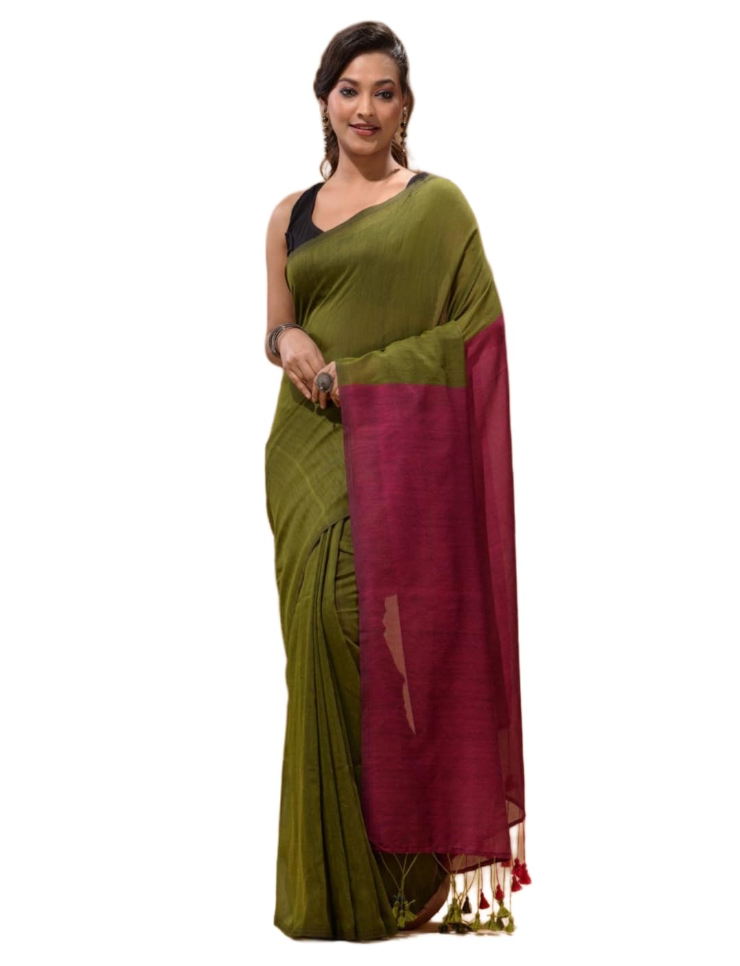 saree bahar Women's Traditional Bengal Solid Contrast Pallu Handloom Cotton Saree With Blouse Piece-picture-49