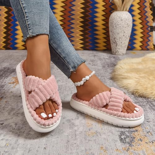 Slippers For Women Memory Foam Women's Cross Band Slipper Soft Plush Fleece Lightweight Non Slip Open Toe Flip Flop Shoes House Indoor Outdoor Fur Fuzzy Slides2