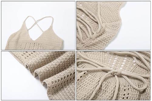 Image of BOLLEY JOSS Women Crochet Knit Bodycon Maxi Dress Sexy V Neck Backless Hollow Out Lace Up Corset Dress Sundress Beach Dresses