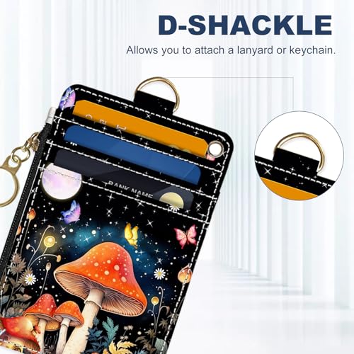 Image of Slim Wallet Credit Card Holder, Colored Mushroom, RFID Wallet Women Cute Small Front Pocket Wallet With Zipper, PU Leather Thin travel RFID Blocking Card Case ID Window,Ladies Gifts