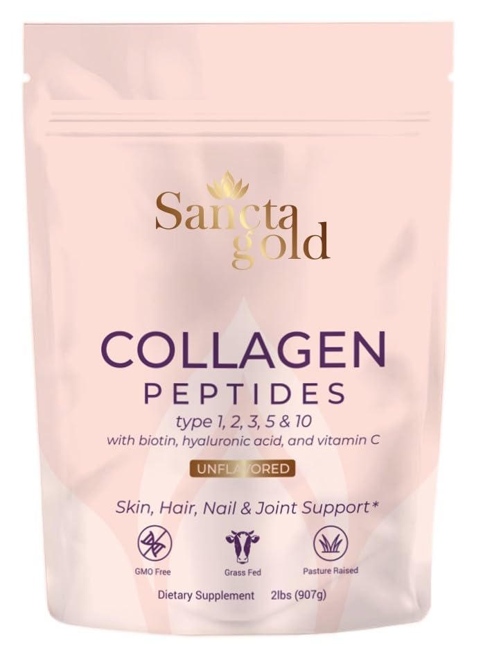 Multi Collagen Peptides Powder, 2 lbs, for Skin, Hair & Nails, Type I, II, III, V, X Hydrolyzed Collagen Peptides with Hyaluronic Acid & Vitamin C, Unflavored Protein Supplement for Women