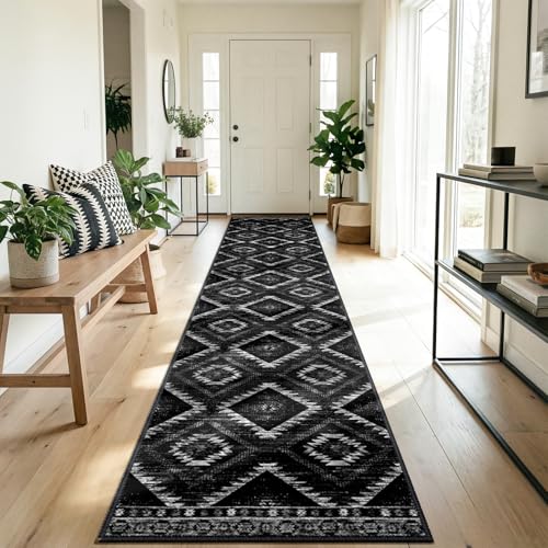 DEFYNEE Teppich Läufer Flur 60 x 300 cm, rutschfest Küchenläufer, Kurzflor Teppichläufer, Waschbar, Faltbar, Boho Design – für Flur, Küche, Wohnzimmer & Büro, Schwarz