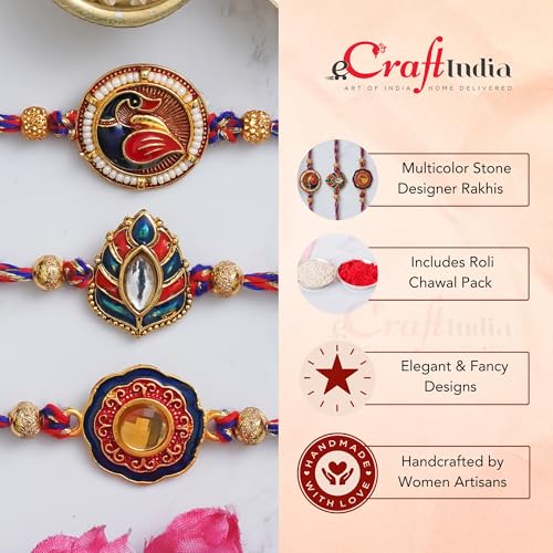 Image of eCraftIndia Multicolor Set of 3 Semi Precious Stone Designer Rakhis with Roli Chawal Pack - Rakhi for Brother