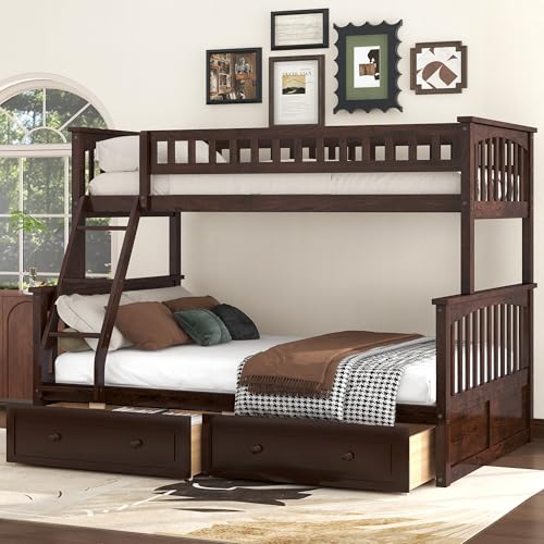 Harper & Bright Designs Convertible Wood Twin Over Full Bunk Bed with 2 Storage Drawers and Ladder - Can Be Divided Into Two Daybeds, Espresso