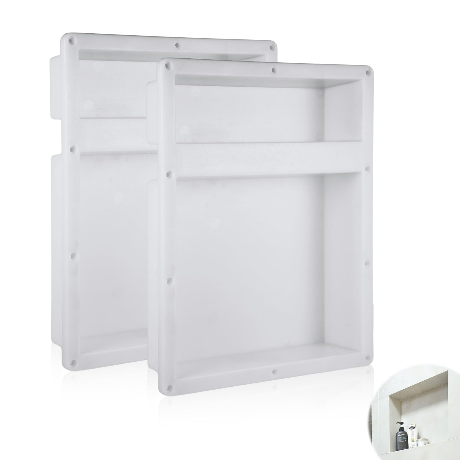 Diegimr 2pcs Shower Niche, Shower Niches Ready for Tile Rectangle Shower Niche Shelf Organizer Waterproof Double Recessed Bathroom Wall Niche for Shampoo Toiletry Storage, Easy to Install (White)