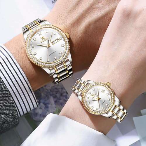 Image of OLEVS Couple Watch Men and Women His and Her Watches Set Analog Date Diamond Stainless Steel Waterproof Luminous Wrist Watch